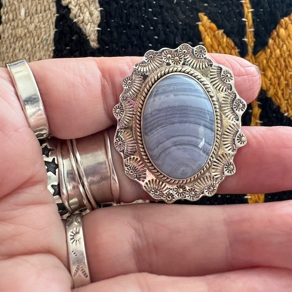 ❤️ Blue Lace Agate 925 Southwestern Navajo Statement 19.5Gm Ring Sz 10 1.52”L - Picture 4 of 14